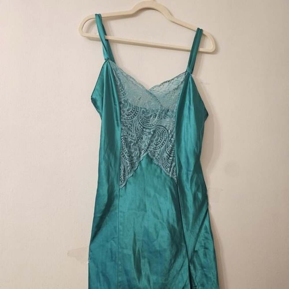 Vintage Victoria's Secret Gold Label Emerald Satin Lace Slip Nightgown M Maxi - Picture 2 of 6